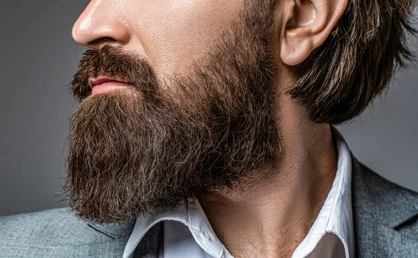 Homme Barbu Rapproche Barbe Est Son Style Gros Plan Hommes — Photo