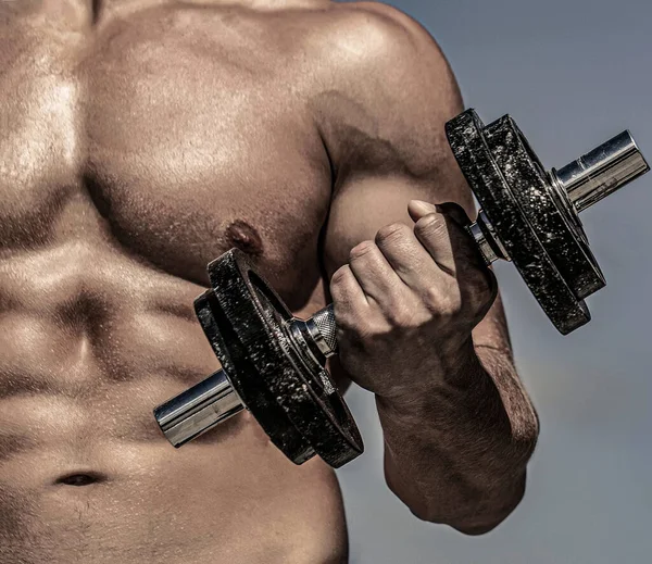 Músculos Con Mancuerna Tonta Musculosos Culturistas Ejercicios Con Pesas Hombre —  Fotos de Stock
