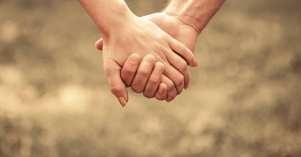 Ett Par Håller Hand Höst Eller Sommarparken Närbild Kärleksfulla Par — Stockfoto