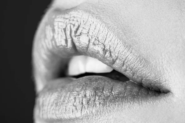 Perfekt Naturlig Läppmakeup Närbild Vackra Läppar Svart Och Vitt Sexiga — Stockfoto