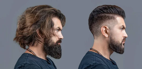 Man before and after visiting barbershop, different haircut, mustache, beard. Long beard Hair style hair stylist. Vs. Male beauty, comparison. Shaving, hairstyling.