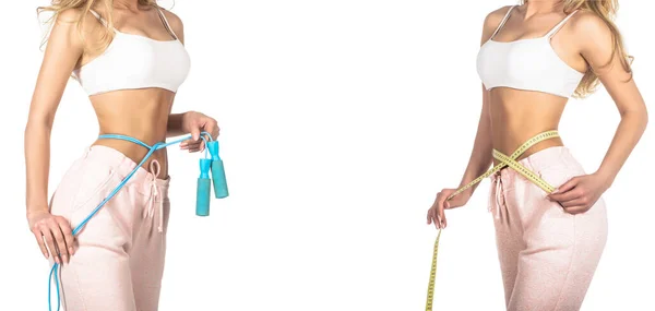 瘦女人的身体 女人体重减轻 身材苗条跳绳姑娘手里拿着跳绳 减肥的概念 身材苗条 身材苗条的女孩 用带子测量腰围的女人 — 图库照片