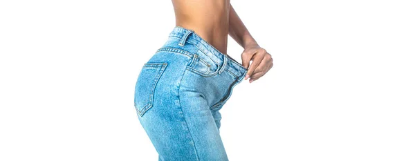 Diyet Yapıyorum Kilo Verme Konsepti Büyük Pantolonlu Zayıf Bir Kadın — Stok fotoğraf