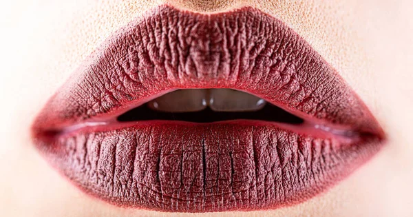 面对肌肤口完美完美完美的概念 Lip Care Beauty 性感的嘴唇 棕色嘴唇 用深褐色口红紧贴性感丰满柔软的唇 — 图库照片