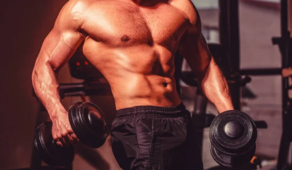 Atleta Ginásio Treinando Com Halteres Abdominais Bíceps Homem Muscular Ginásio — Fotografia de Stock
