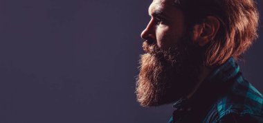 Acımasız sakallı adam portresi. Erkekliğin portresi. Erkeğin seksi görünüşü. Sakallı, bıyıklı hippi..