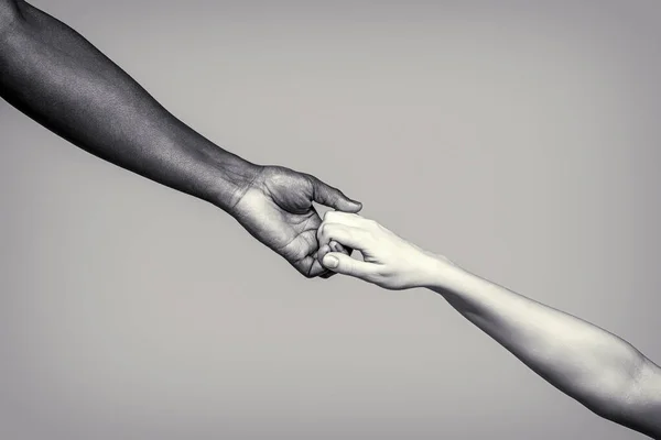 Helping Hands Rescue Gesture African Caucasian Hands Giving Helping Hand — Stock Photo, Image