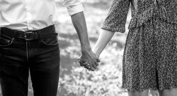 両手をつないで 公園で手をつないで歩く愛の若いカップル 夫婦は太陽の日に手を握っている 公園で手をつないでるカップル 黒と白 — ストック写真