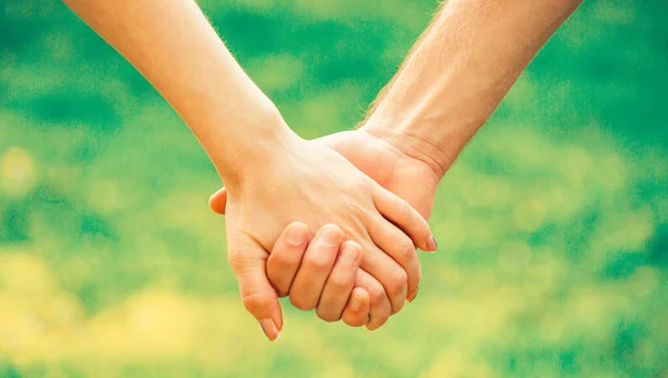等一下 夫妇们 情侣们手牵手在秋天或夏天的公园里 两对恋人牵着手走路的合影 — 图库照片