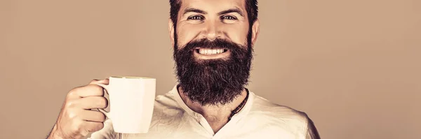 Smiling Hipster Man Cup Fresh Coffee Happy Man Morning Concept — Stock Photo, Image