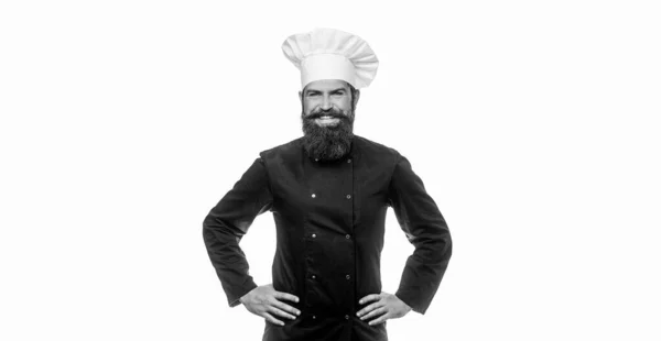 stock image Bearded chef, cooks or baker. Bearded male chefs isolated. Cook hat. Confident bearded male chef in white uniform. Serious cook in white uniform, chef hat. Black and white.