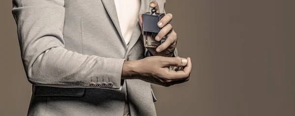 Masculine Perfume Bearded Man Suit Male Holding Bottle Perfume Man — Stock Photo, Image