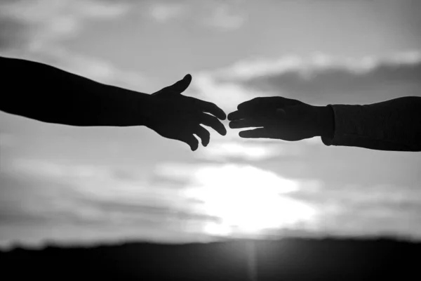 Two Hands Silhouette Sky Background Connection Help Concept Black White — Stock Photo, Image