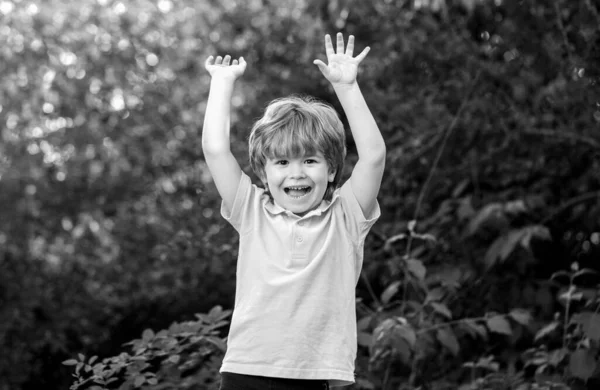 笑的小男孩 快乐的孩子 可爱的小男孩的肖像 快乐的孩子们 孩子们 举起手来 儿童在大自然的户外 快乐的男孩 黑人和白人 — 图库照片