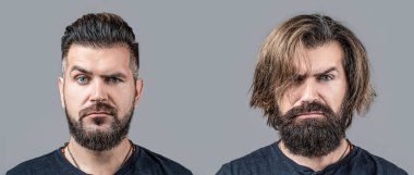 Tıraş, saç şekillendirme. Sakal, önce tıraş ol, sonra. Uzun sakallı saç stilisti. Berber dükkanına gitmeden önce ve sonra kolajör, farklı saç kesimi, bıyık, sakal. Erkek güzelliği, karşılaştırma.