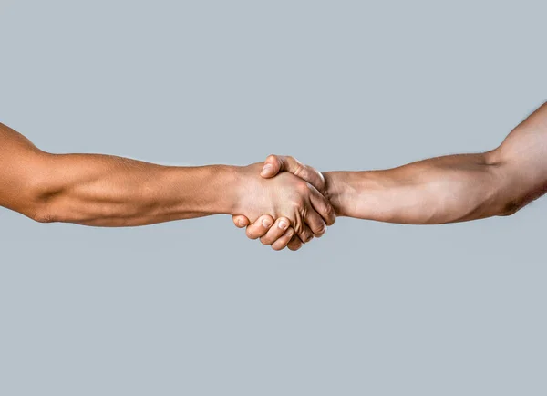 商务握手和商务人员的概念 两个男人在灰色背景下相互握手 在两位同事之间紧紧握手的特写 两个男的 — 图库照片