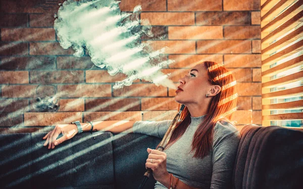 Pleasure Smoking Pretty Woman Resting Bar Smokes Hookah Young Red — Stock Photo, Image