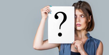 Confused female thinking with question mark. Thinking woman with question mark looking up. Doubtful girl asking questions to himself. Paper notes with question marks. clipart