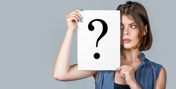 Confused Female Thinking Question Mark Thinking Woman Question Mark Looking — Stock Photo, Image