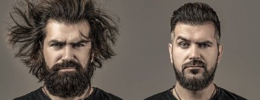 Tıraş, saç şekillendirme. Sakal, önce tıraş ol, sonra. Berber dükkanına gitmeden önce ve sonra kolaj yapan adam, farklı saç kesimi, bıyık sakalı.