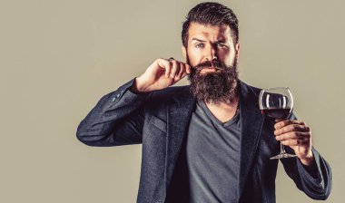 Sommelier, bir bardak şarap, şarap imalatçısı, erkek şarap üreticisi. Elinde bir bardak kırmızı şarap olan bir adam..