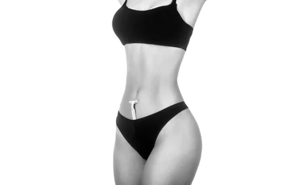 Epilation Concepts Slim Woman Perfect Body Panties Holds Razor Shaving — Stock Photo, Image