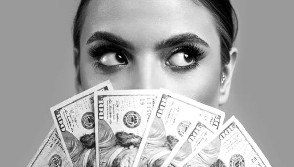 Mädchen Mit Bargeld Dollarnoten Frau Mit Viel Geld Dollarwährung Luxus — Stockfoto