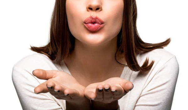 Mulher Atraente Mostrando Beijo Senhora Muito Atraente Enviar Beijos Palma — Fotografia de Stock