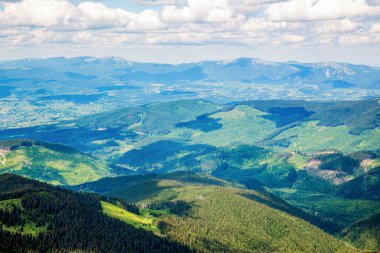 Dağlar yüksek kayalık zirveler. Dağ manzarası. Yeşil yosunları kaplayan kozalaklı orman. Yaz Kozalaklı Ormanı. Dağlarda ilkbahar manzarası.