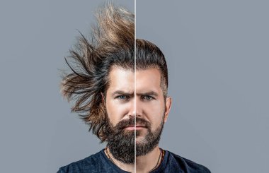 Yarı tıraşlı. Yarı tıraşlı yüzü olan yakışıklı bir genç. Yüzünün yarısında sakalı olan bir adam. Sakal, önce tıraş ol, sonra. Uzun sakallı saç stili, daha önce, berber dükkanını ziyaret ettikten sonra karşılaştırdım..