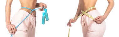 İnce ve santimetre boyunda bir kız. Yakından bir kadın, belini bantla ölçüyor. İnce vücut, ip atlama. Elinde ip atlayan bir kız. Kilo verme konsepti.