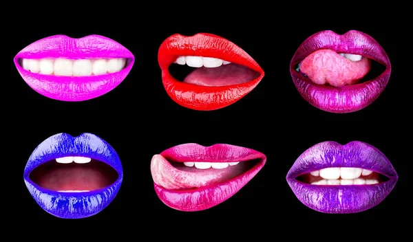 Collection open mouth. Beautiful female lips collection isolated on black background. Pink lip, lipstick or lipgloss, sexy. Set of womens lips with glossy lipsticks, cosmetics. Red lips, tongue sexy.