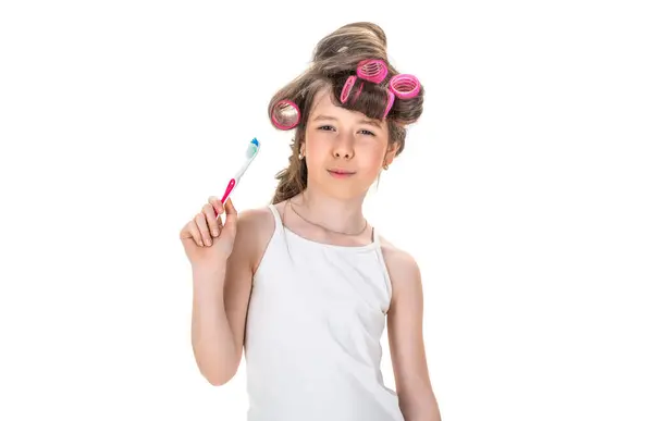 Μικρή Κυρία Πιτζάμες Έφηβος Βουρτσίζει Δόντια Στο Μπάνιο Έφηβος Μπικουτί Royalty Free Εικόνες Αρχείου