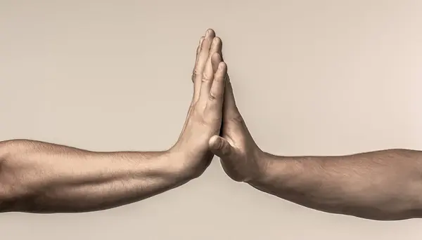 High five gesture of man and girl, successful cooperation. Two hands giving high five to each other, isolated on gray background. Two hands gestures. Giving high five. Two hands, male and man.