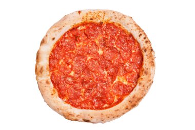 Beyaz arka planda pizza pepperonisi. Salamlı pizza pepperonili fast food hazır atıştırmalık sağlıklı yemek. Beyaz arka planda pepperonili pizzanın üst görüntüsü. Pizza Pepperoni..