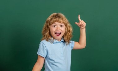 Sevimli okul çocuğu yeşil arka planda izole edilmiş bir çözüm sorunu buldu. Öğrenci bir fikirle karatahtanın yanında duruyor. Okula dönelim. Küçük komik çocuk tahtayı işaret ediyor..