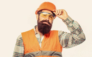 İnsan üreticileri, endüstri. Sakallı, miğferli ya da kasklı sakallı bir işçi..