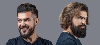 Saç, sakal berber dükkanında saç kesiminden önce ve sonra. Traşsız berber kuaförüne karşı. Saç stili stilisti. Berber dükkanı tasarımı. Önce ve sonra. Gülümse, ciddiyim..