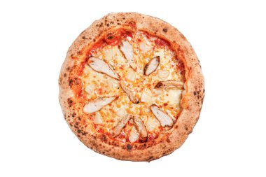 Üstü domates, peynir ve beyaz arka planda tavuk etiyle kaplı pizza manzarası. Tavuk ve baharatlı pizza, Hawaii usulü. Hawaii pizzası, ananas peyniri ve tavuk. Yakın çekim..