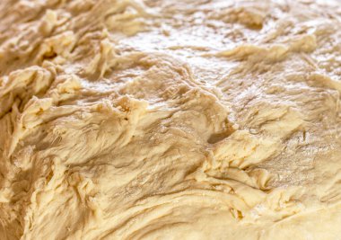 Taze yoğurulmuş hamur, yakın plan mayalanmış hamur. Yuvarlanmış hamur dokusu. Pizza ya da ekmek pişirmek için taze çiğ hamur. Yakın çekim mayalanmış hamur, ev yapımı..