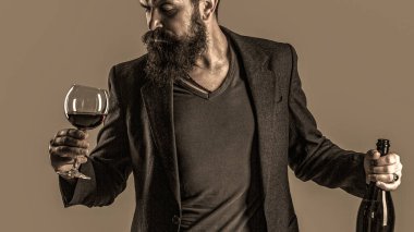 Sakallı bir adam koyu arkaplanda şarap kadehi tutuyor. Sommelier 'in pahalı bir içeceği var. Şarap tatma ve degukasyon konsepti. Şişede kırmızı şarap, şarap kadehi..