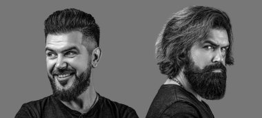 Şık bir saç stili, sakal ve aşırı büyümüş çirkin bir adam. Erkek güzellik karşılaştırması. Traşsız berber kuaförüne karşı. Saç stili stilisti. Önce ve sonra. Gülümse, ciddi ol. Siyah ve beyaz.