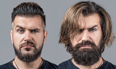 Saç tıraşı, tıraş ve berber dükkanından önce ve sonra aynı adamın iki portresi. Yakışıklı sakallı adam takımı. Tıraş, saç şekillendirme. Sakal, önce tıraş ol, sonra. Önce ve sonra kolajcı, berber dükkanı..