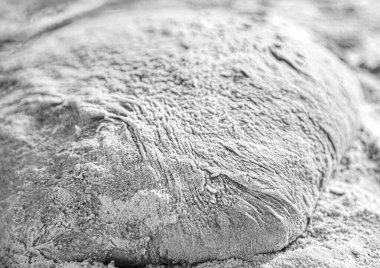 Pizza ya da ekmek pişirmek için taze çiğ hamur. Yakın çekimde mayalanmış hamur, ev yapımı. Yuvarlanmış hamur. Hamur işlerinin arka planı. Siyah ve beyaz.