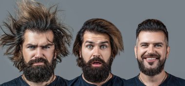 Berber dükkanı, sakal, saç, erkekler. Traşsız berber kuaförüne karşı. Önce ve sonra. Gülümse.