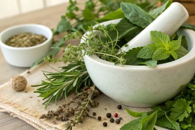 A vibrant herbal mix in a mortar with a pestle clipart