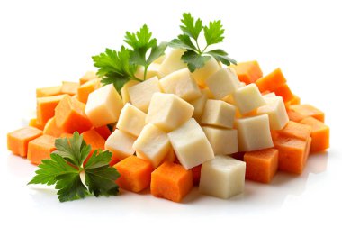 Celery root with potato and carrot cube, isolated on white background clipart