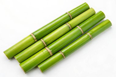 Fresh Green Sugarcane Stalks on White Background