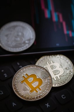 Çeşitli Bitcoin kripto para birimleri mum çubuğu grafik şeması, dizüstü bilgisayar klavyesi ve dijital arkaplan.