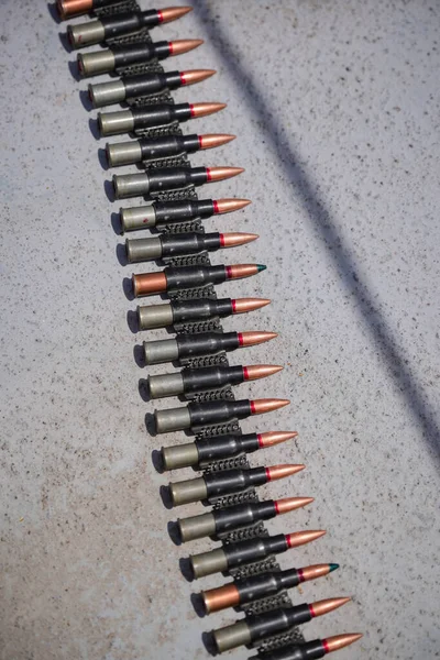 Close Shot Machine Gun Belt Loaded Cartridges — Stock fotografie